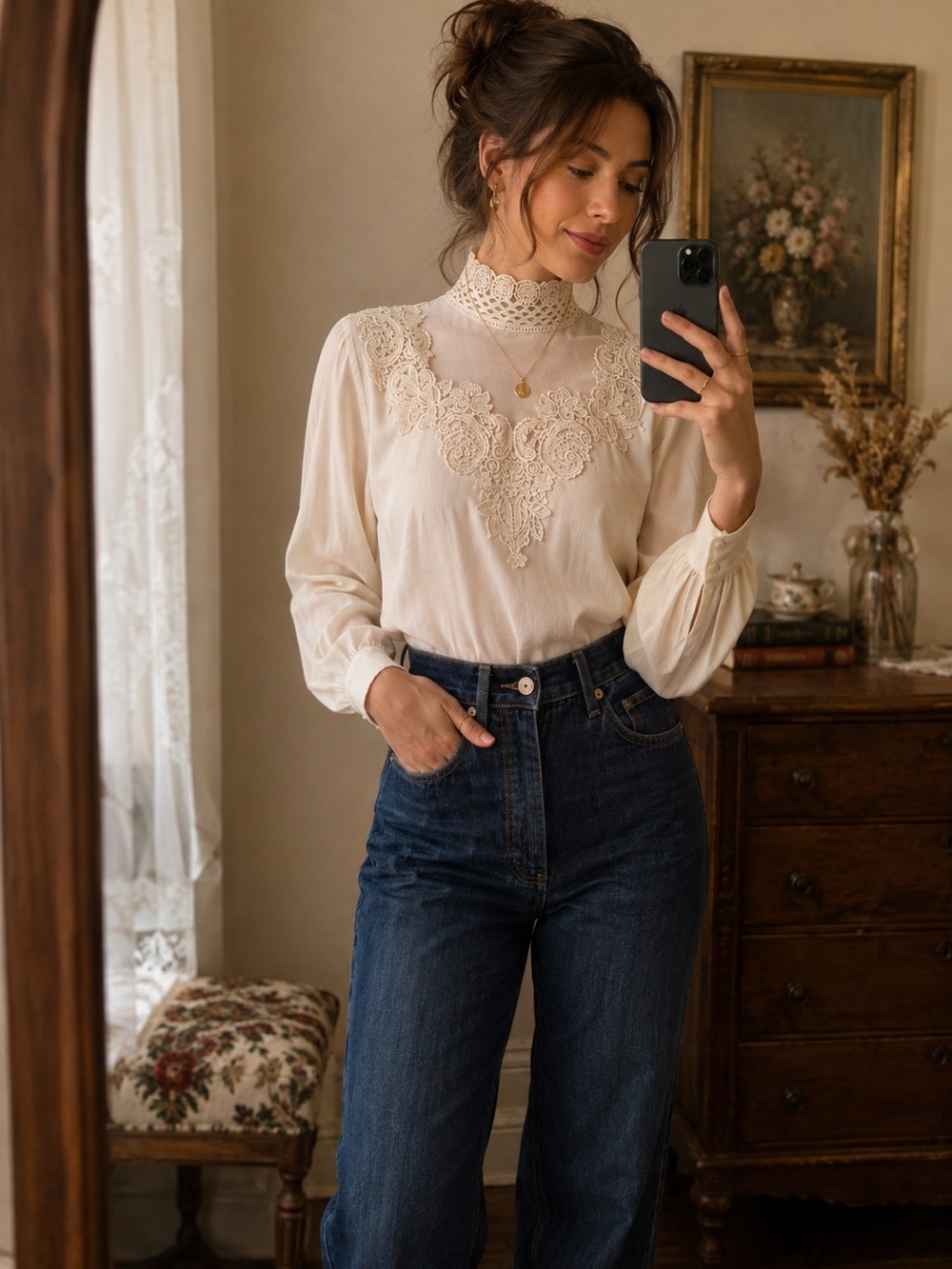 Vintage Ivory Victorian Lace High Neck Blouse Romantic Cottagecore M Grannycore